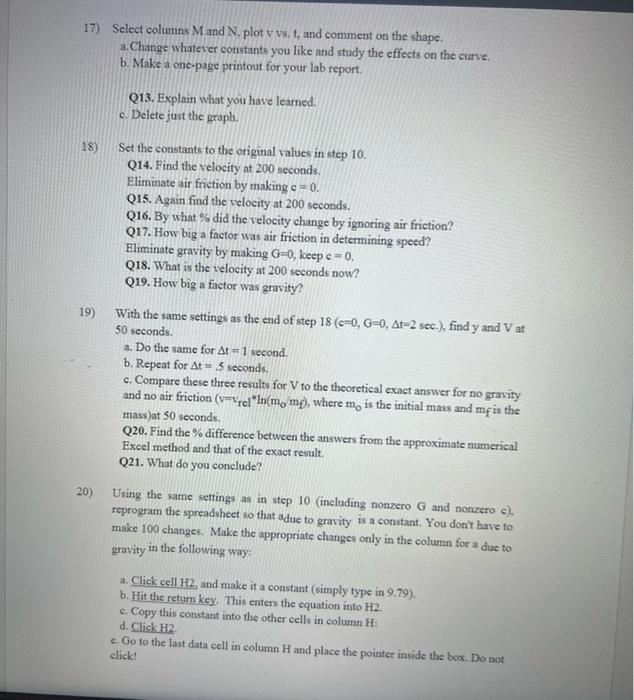 Rocket Dynamics Objective Use Excel To Calculate The Position Velocity And Acceleration Of A Vertically Launched Rock 6
