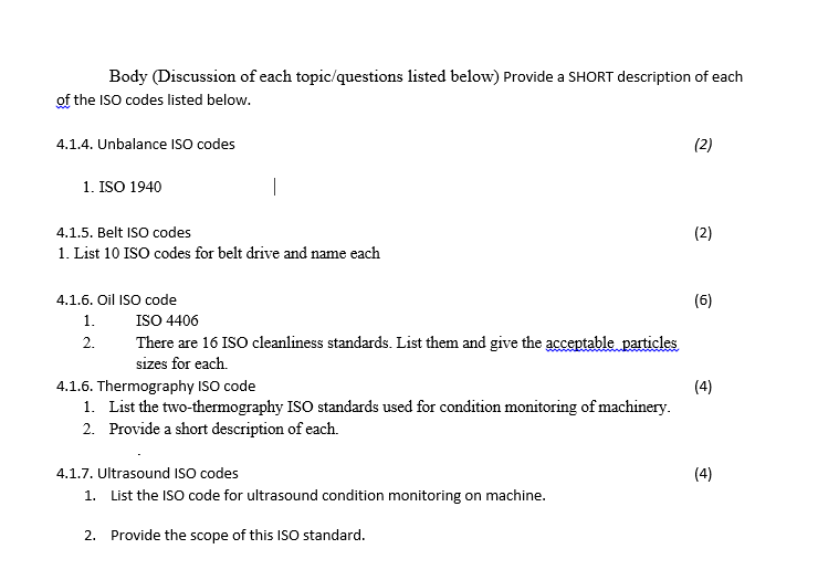 Body Discussion Of Each Topic Questions Listed Below Provide A Short Description Of Each Of The Iso Codes Listed Below 1