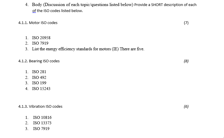 4 Body Discussion Of Each Topic Questions Listed Below Provide A Short Description Of Each Of The Iso Codes Listed Be 1