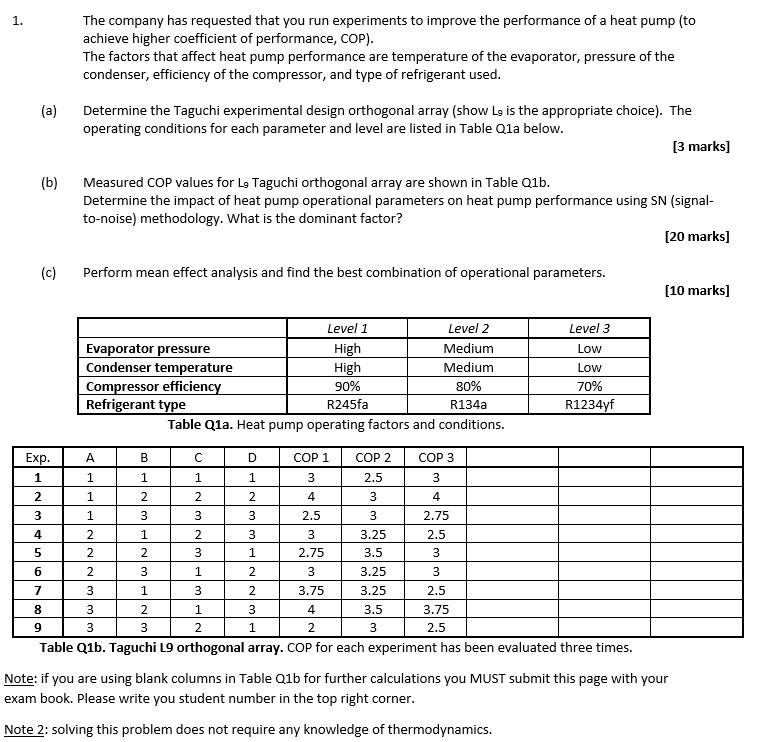 1 The Company Has Requested That You Run Experiments To Improve The Performance Of A Heat Pump To Achieve Higher Coeff 1
