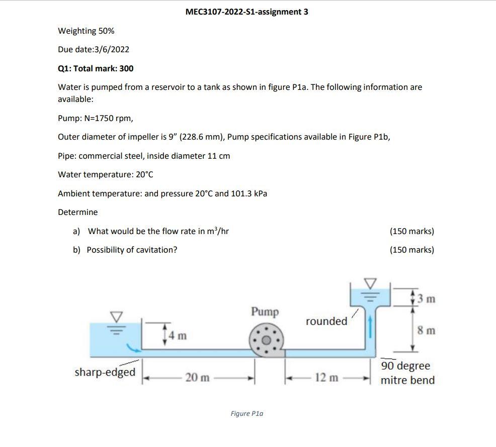 Mec3107 2022 S1 Assignment 3 Weighting 50 Due Date 3 6 2022 Q1 Total Mark 300 Water Is Pumped From A Reservoir To A T 1