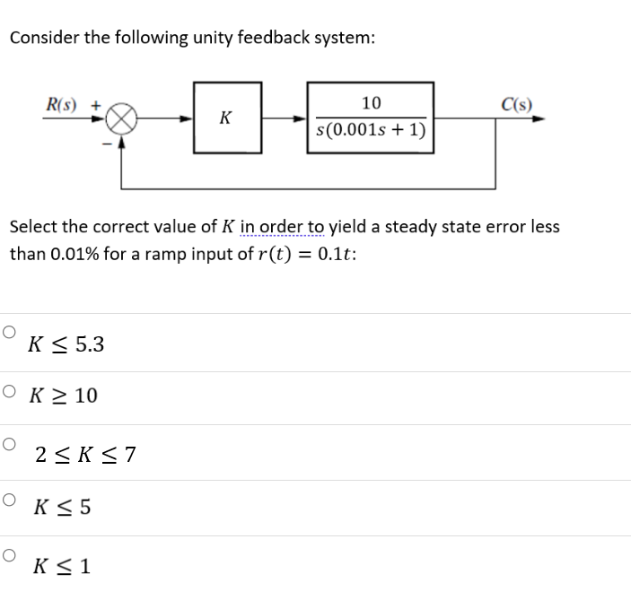 Consider The Following Unity Feedback System R S C S K 10 S 0 001s 1 Select The Correct Value Of K In Order To Yi 1