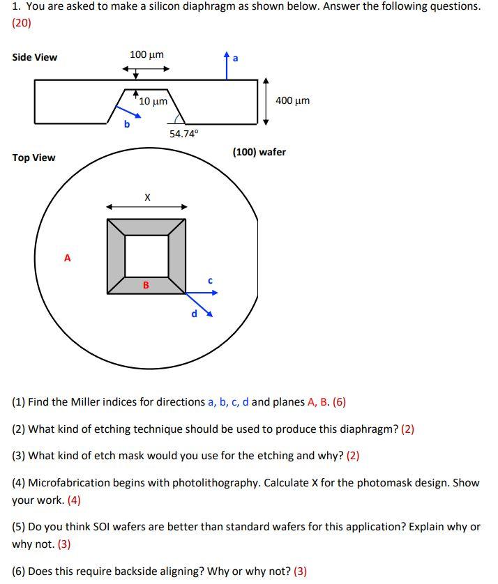 1 You Are Asked To Make A Silicon Diaphragm As Shown Below Answer The Following Questions 20 Side View 100 Um 10 Um 1