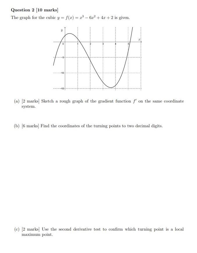 Question 2 10 Marks The Graph For The Cubic Y F X 6x 4 0 2 Is Given 0 N 10 A 2 Marks Sketch A Ro 1