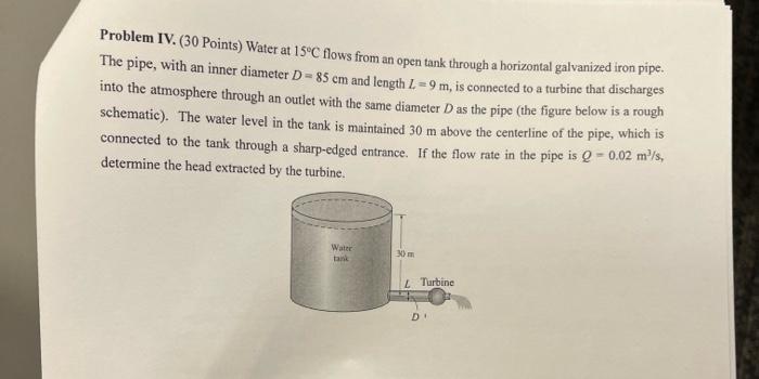 Problem Iv 30 Points Water At 15 C Flows From An Open Tank Through A Horizontal Galvanized Iron Pipe The Pipe With 1