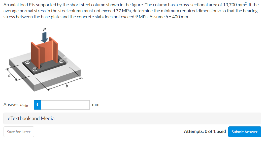 An Axial Load Pis Supported By The Short Steel Column Shown In The Figure The Column Has A Cross Sectional Area Of 13 7 1