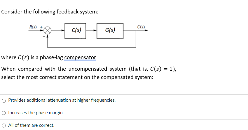 Consider The Following Feedback System R S C S C S S G S Where C S Is A Phase Lag Compensator When Compared Wit 1
