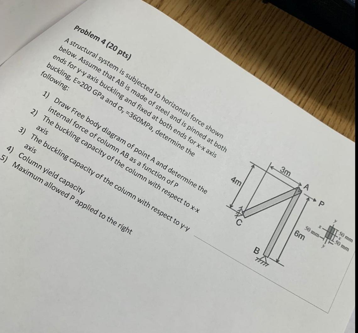 Problem 4 20 Pts A Structural System Is Subjected To Horizontal Force Shown Below Assume That Ab Is Made Of Steel And 1