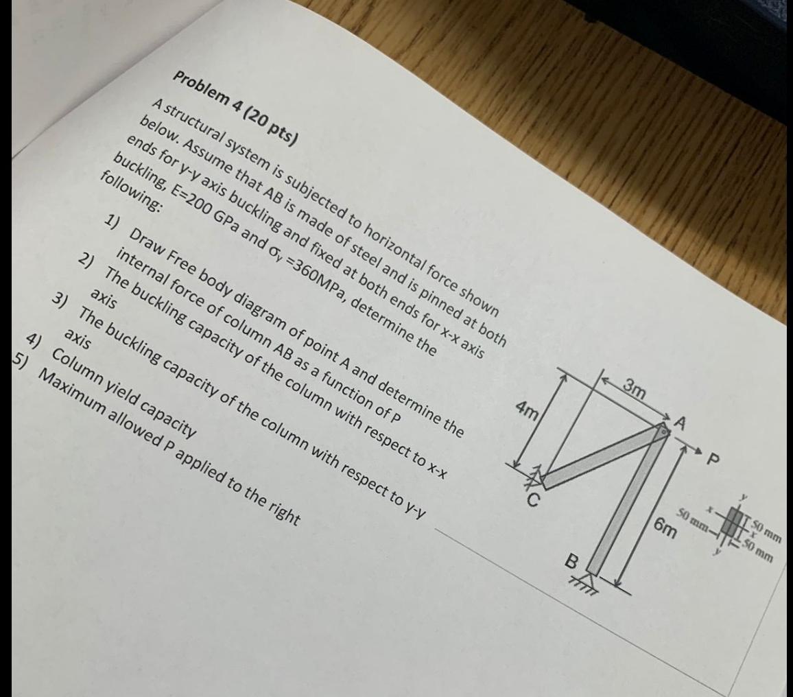 Problem 4 20 Pts A Structural System Is Subjected To Horizontal Force Shown Below Assume That Ab Is Made Of Steel And 1