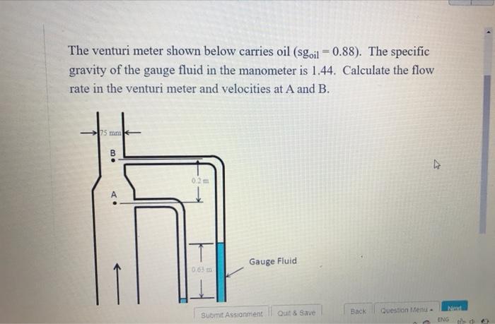 The Venturi Meter Shown Below Carries Oil Sgoil 0 88 The Specific Gravity Of The Gauge Fluid In The Manometer Is 1 1