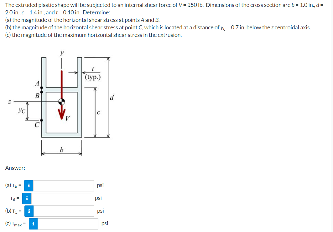 The Extruded Plastic Shape Will Be Subjected To An Internal Shear Force Of V 250 Lb Dimensions Of The Cross Section Ar 1