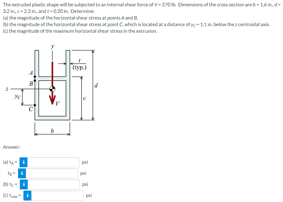 The Extruded Plastic Shape Will Be Subjected To An Internal Shear Force Of V 270 Lb Dimensions Of The Cross Section A 1