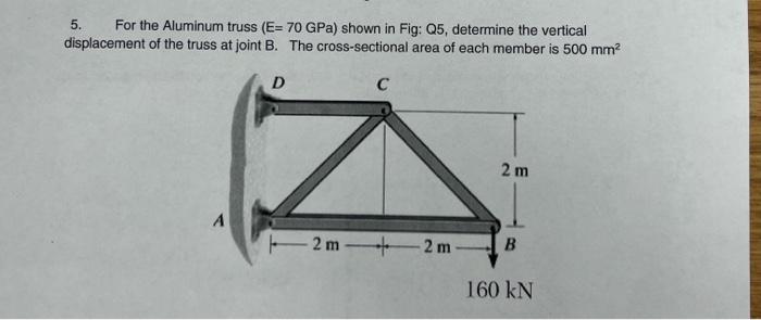 5 For The Aluminum Truss E 70 Gpa Shown In Fig Q5 Determine The Vertical Displacement Of The Truss At Joint B The 1