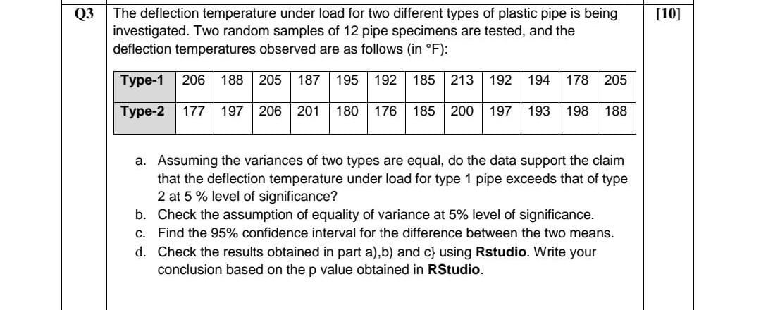 Q3 10 The Deflection Temperature Under Load For Two Different Types Of Plastic Pipe Is Being Investigated Two Random 1
