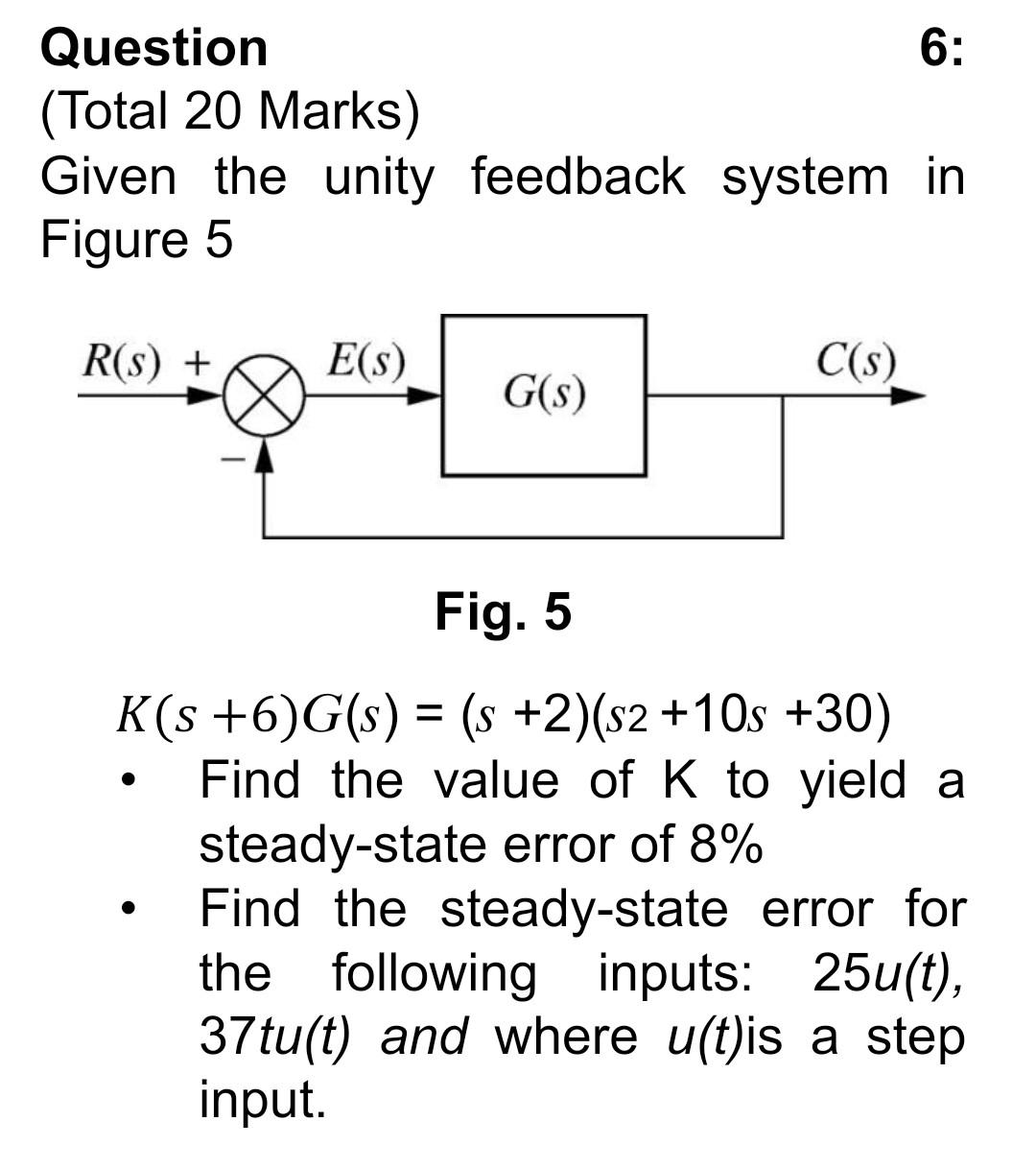 6 Question Total 20 Marks Given The Unity Feedback System In Figure 5 R S E S C S G S Fig 5 K S 6 G S S 1