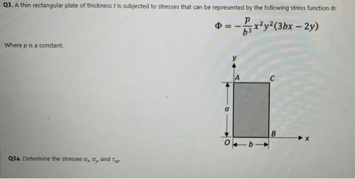 Q3 A Thin Rectangular Plate Of Thickness T Is Subjected To Stresses That Can Be Represented By The Following Stress Fun 1