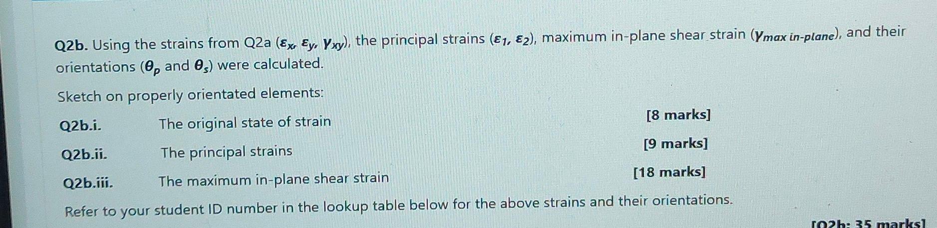 Q2b Using The Strains From Q2a X Y Yxy The Principal Strains 1 2 Maximum In Plane Shear Strain Ymax In Pl 1