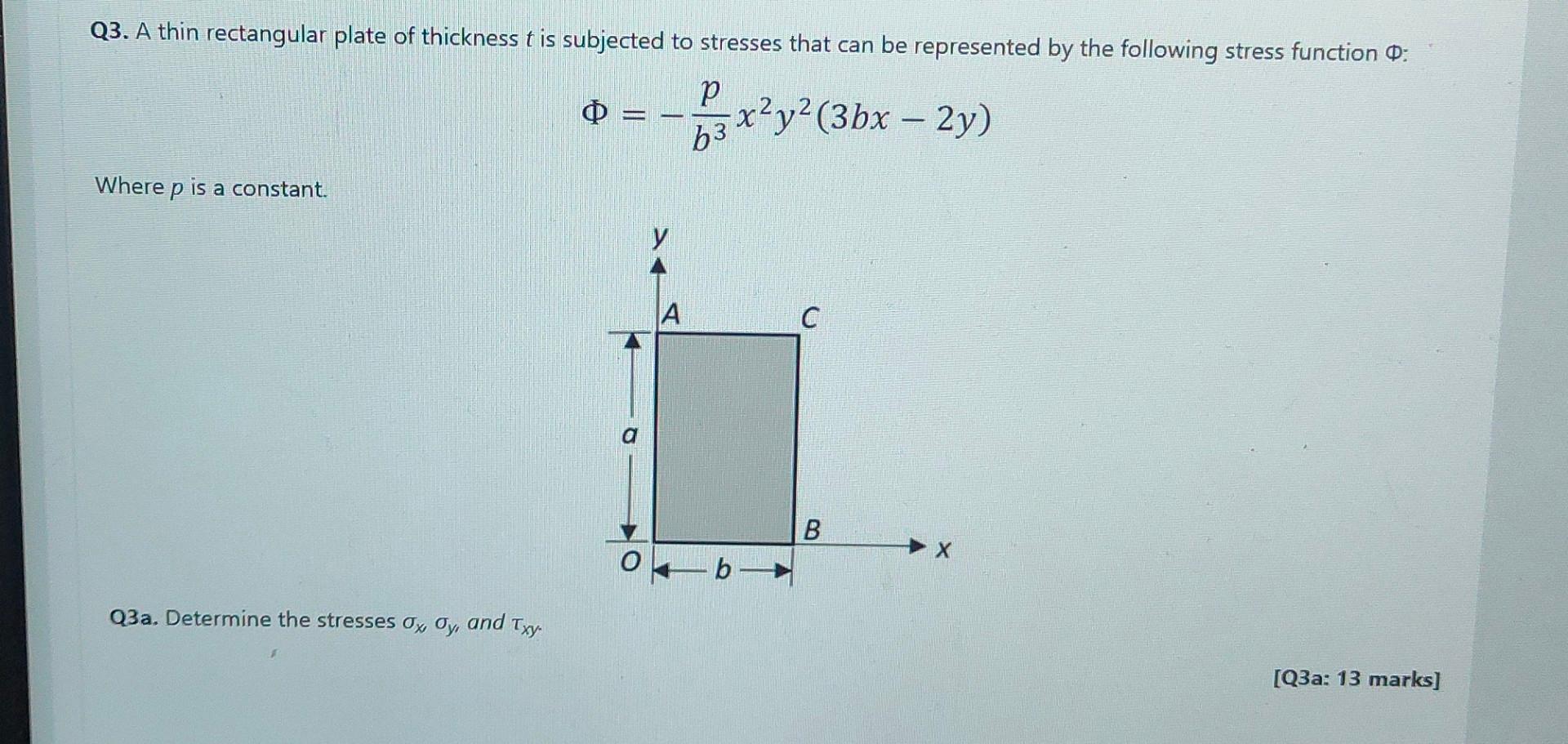 Q3 A Thin Rectangular Plate Of Thickness T Is Subjected To Stresses That Can Be Represented By The Following Stress Fun 1