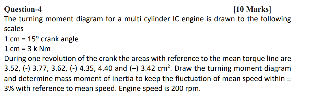 Question 4 10 Marks The Turning Moment Diagram For A Multi Cylinder Ic Engine Is Drawn To The Following Scales 1 Cm 2
