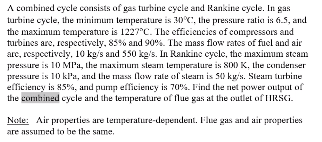 A Combined Cycle Consists Of Gas Turbine Cycle And Rankine Cycle In Gas Turbine Cycle The Minimum Temperature Is 30 C 1