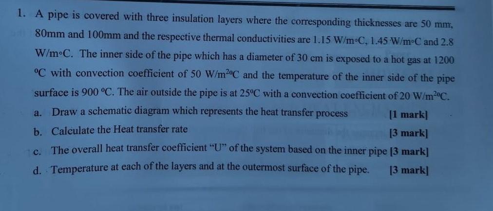1 A Pipe Is Covered With Three Insulation Layers Where The Corresponding Thicknesses Are 50 Mm 80mm And 100mm And The 1