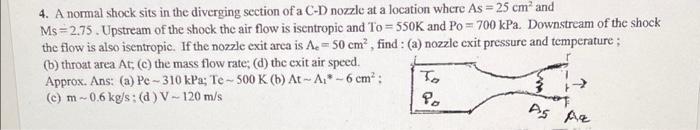 4 A Normal Shock Sits In The Diverging Section Of A C D Nozzle At A Location Where As 25 Cm And Ms 2 75 Upstream Of 1