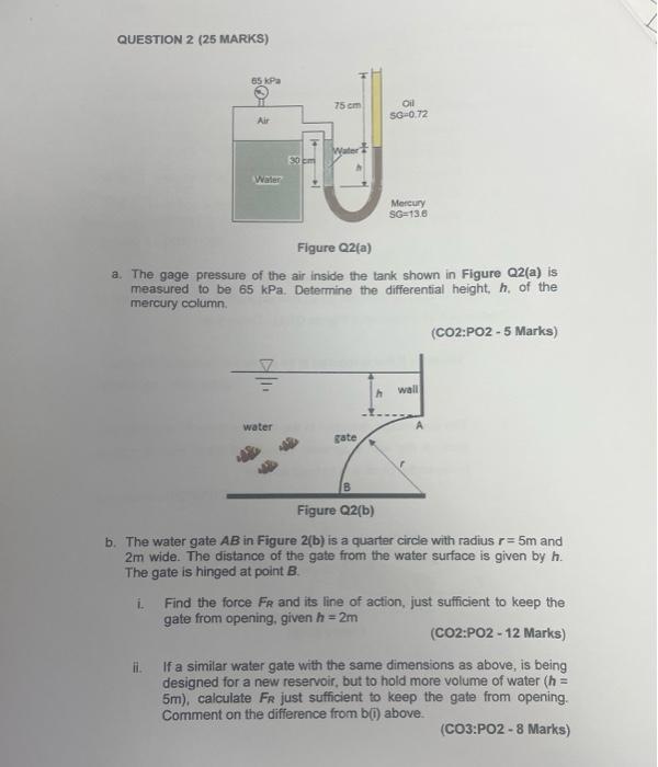 Question 2 25 Marks 65 Kpa 75 Cm Oil 50 0 72 Air Water 30 M Water Mercury Sg 13 6 Figure Q2 A A The Gage Pressure Of 1