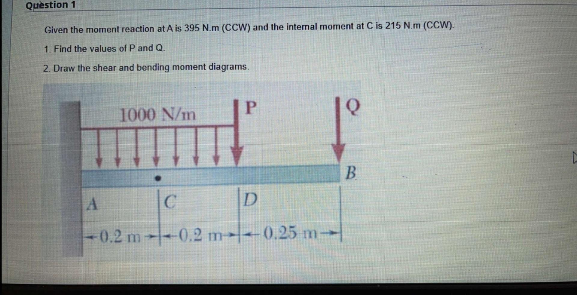 Question 1 Given The Moment Reaction At A Is 395 N M Ccw And The Internal Moment At C Is 215 N M Ccw 1 Find The Va 1