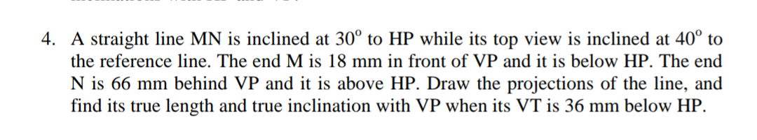 4 A Straight Line Mn Is Inclined At 30 To Hp While Its Top View Is Inclined At 40 To The Reference Line The End M Is 1