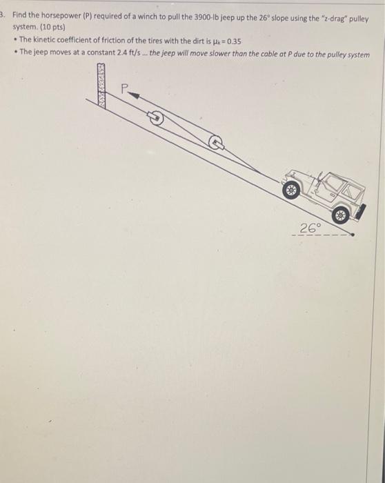 3 Find The Horsepower P Required Of A Winch To Pull The 3900 Lb Jeep Up The 26 Slope Using The Z Drag Pulley System 1