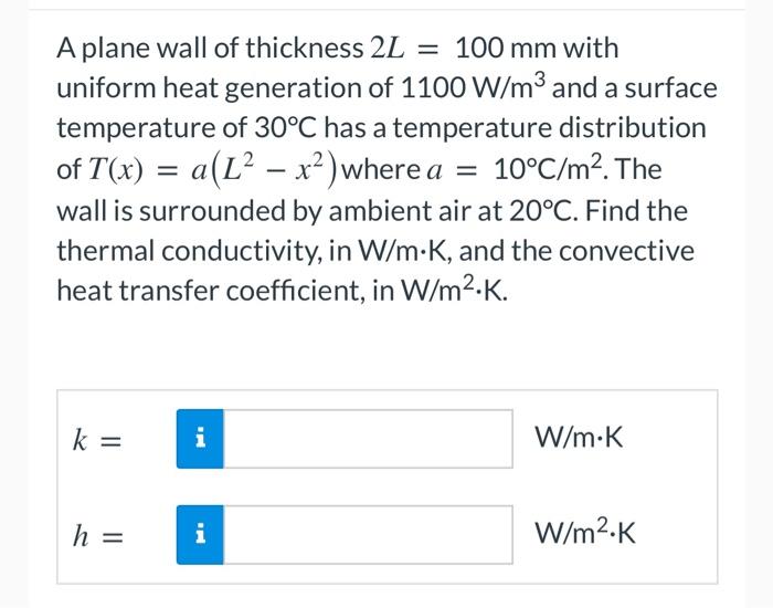 A Plane Wall Of Thickness 2l 100 Mm With Uniform Heat Generation Of 1100 W M3 And A Surface Temperature Of 30 C Has A 1