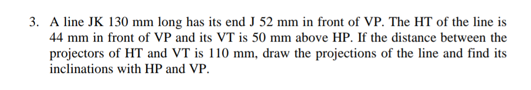 3 A Line Jk 130 Mm Long Has Its End J 52 Mm In Front Of Vp The Ht Of The Line Is 44 Mm In Front Of Vp And Its Vt Is 50 1