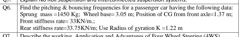 Q6 Find The Pitching Bouncing Frequencies For A Passenger Car Having The Following Data Sprung Mass 1450 Kg Wheel 1