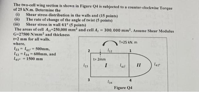 Ii The Two Cell Wing Section Is Shown In Figure Q4 Is Subjected To A Counter Clockwise Torque Of 25 Kn M Determine Th 1