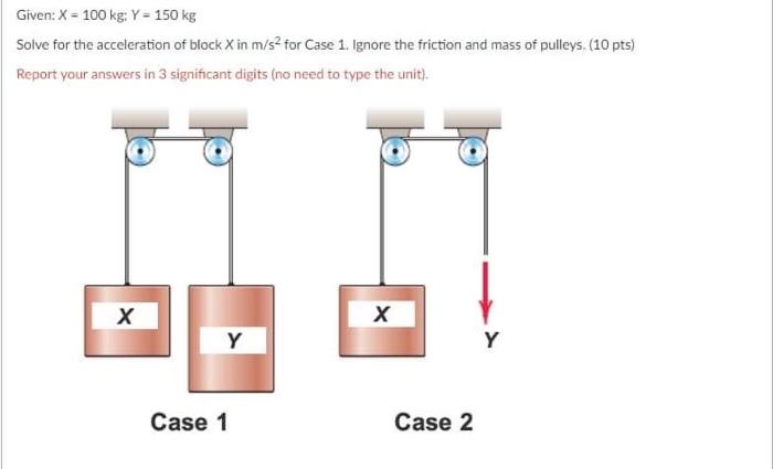 Given X 100 Kg Y 150 Kg Solve For The Acceleration Of Block X In M S2 For Case 1 Ignore The Friction And Mass Of 2