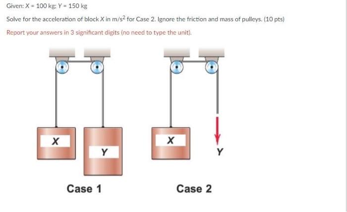 Given X 100 Kg Y 150 Kg Solve For The Acceleration Of Block X In M S2 For Case 1 Ignore The Friction And Mass Of 3