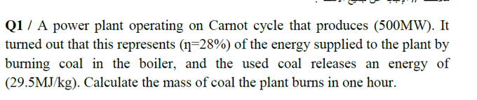 Q1 A Power Plant Operating On Carnot Cycle That Produces 500mw It Turned Out That This Represents N 28 Of The En 1