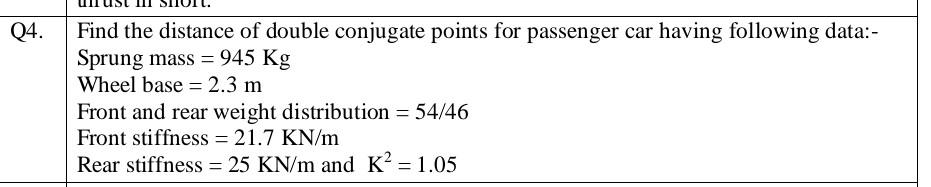 Q4 Find The Distance Of Double Conjugate Points For Passenger Car Having Following Data Sprung Mass 945 Kg Wheel 1