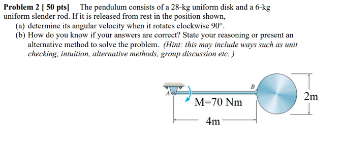Problem 2 50 Pts The Pendulum Consists Of A 28 Kg Uniform Disk And A 6 Kg Uniform Slender Rod If It Is Released From 1