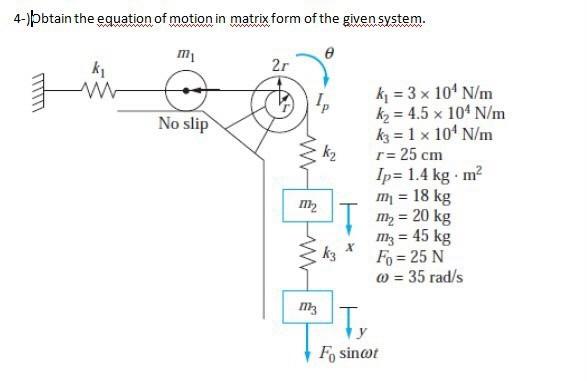 4 Btain The Equation Of Motion In Matrix Form Of The Given System M Ki W No Slip W E 2r Ip K 3 X 10 N M Ky 4 5 X 1