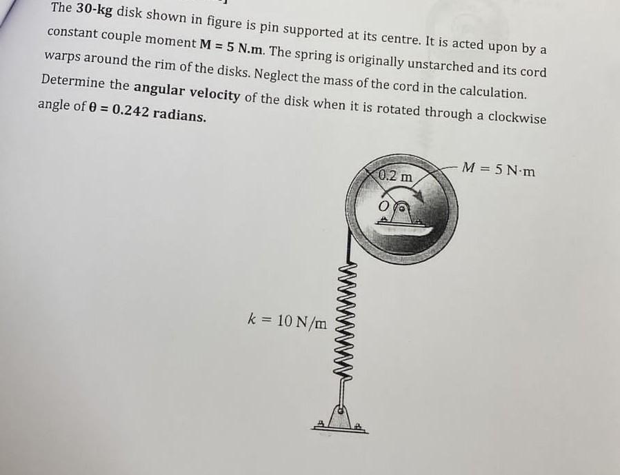 The 30 Kg Disk Shown In Figure Is Pin Supported At Its Centre It Is Acted Upon By A Constant Couple Moment M 5 N M T 1