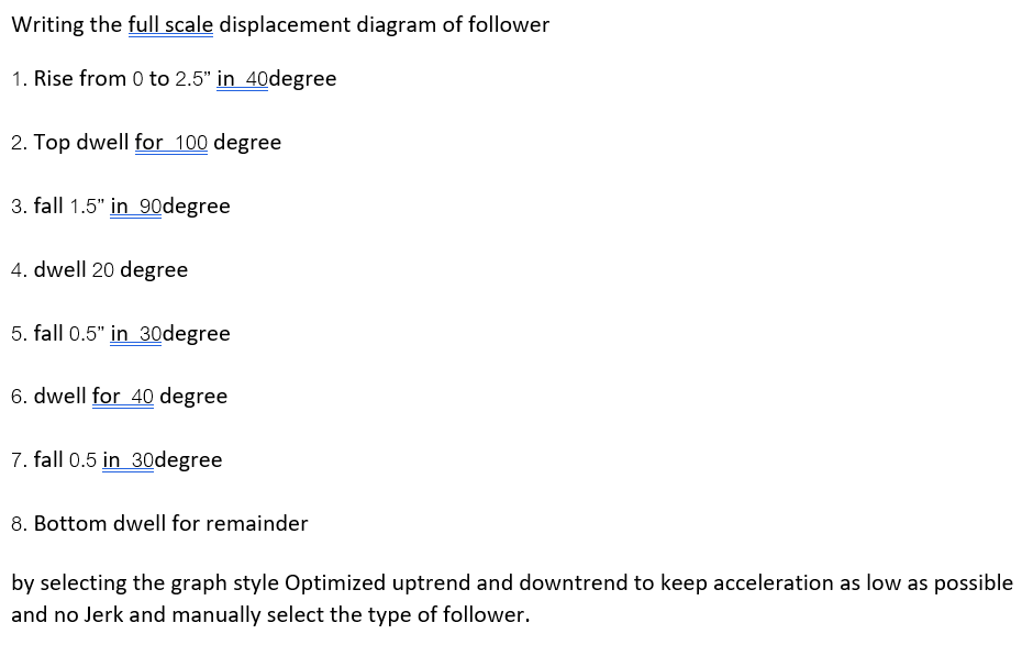 Writing The Full Scale Displacement Diagram Of Follower 1 Rise From 0 To 2 5 In 40degree 2 Top Dwell For 100 Degree 3 1