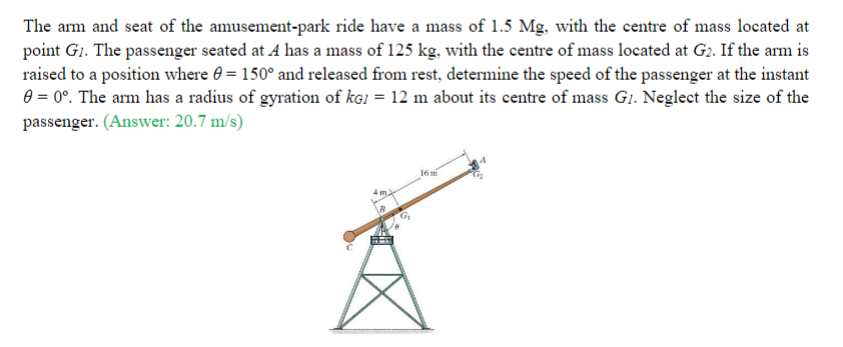 The Arm And Seat Of The Amusement Park Ride Have A Mass Of 1 5 Mg With The Centre Of Mass Located At Point G1 The Pass 1