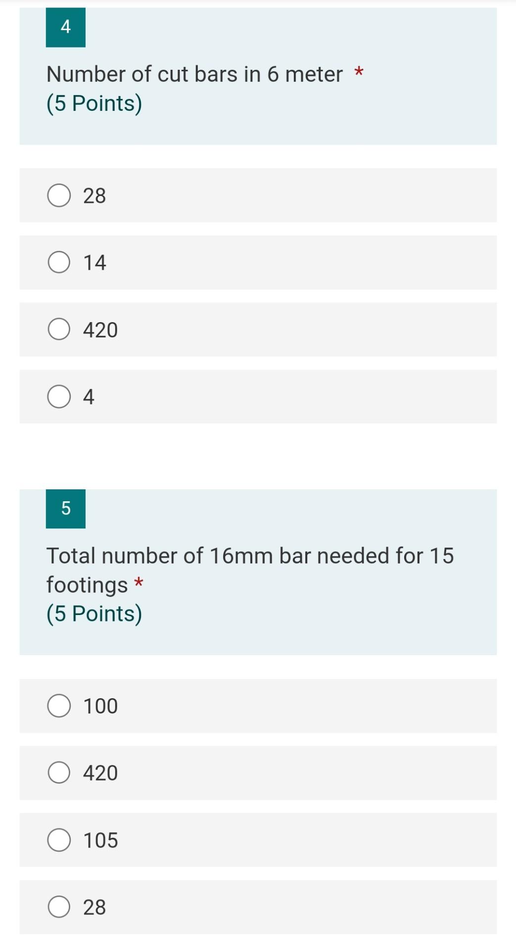 4 Number Of Cut Bars In 6 Meter 5 Points 28 O 14 O 420 4 5 Total Number Of 16mm Bar Needed For 15 Footings 5 Poin 1