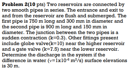 Problem 2 10 Pts Two Reservoirs Are Connected By Two Smooth Pipes In Series The Entrance And Exit To And From The Rese 1