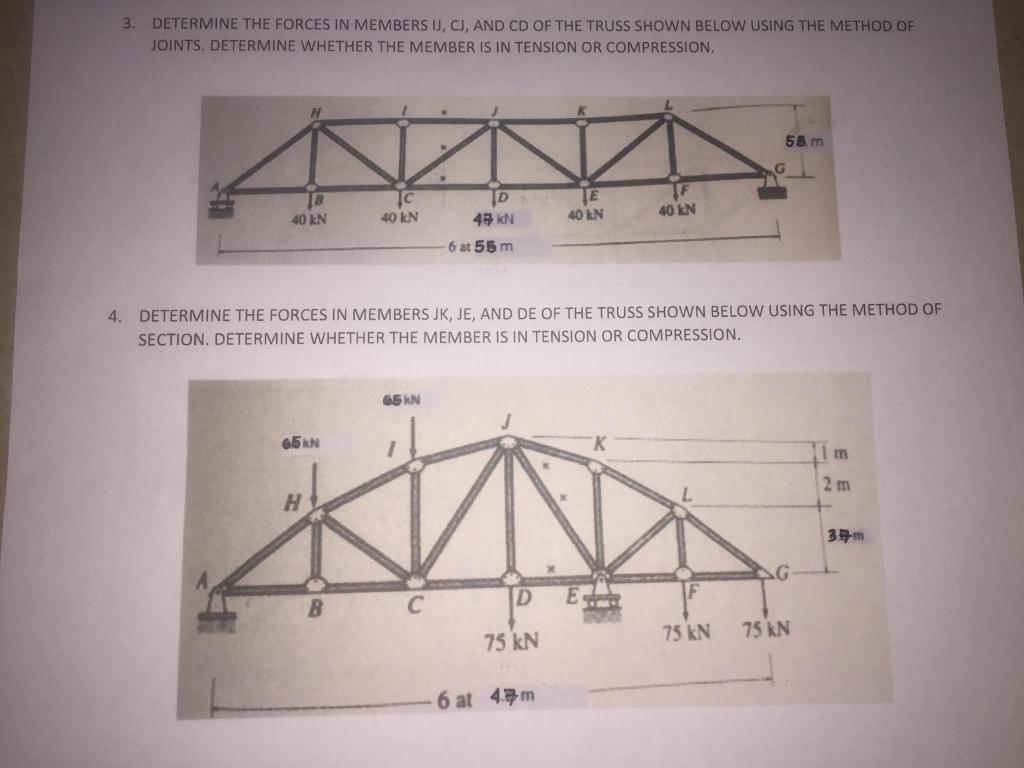 3 Determine The Forces In Members Ij Ci And Cd Of The Truss Shown Below Using The Method Of Joints Determine Whether 1