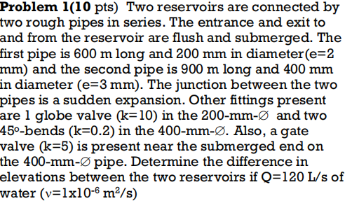 Problem 1 10 Pts Two Reservoirs Are Connected By Two Rough Pipes In Series The Entrance And Exit To And From The Reser 1