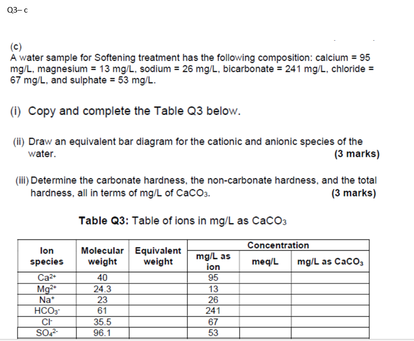 Q3 C C A Water Sample For Softening Treatment Has The Following Composition Calcium 95 Mg L Magnesium 13 Mg L S 1
