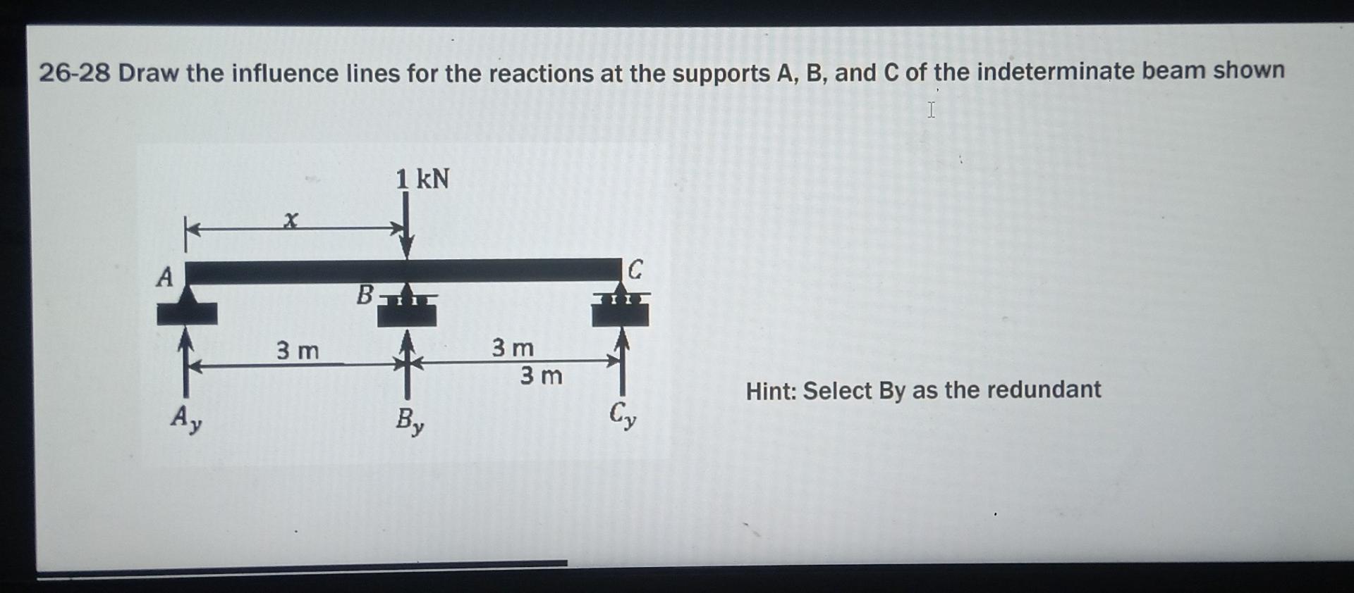 26 28 Draw The Influence Lines For The Reactions At The Supports A B And C Of The Indeterminate Beam Shown I 1 Kn X A 1