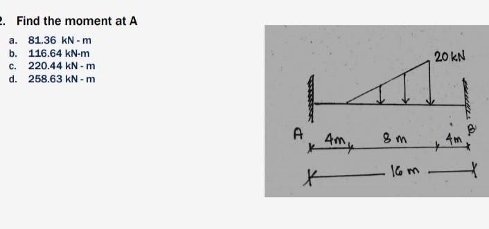 2 Find The Moment At A A 81 36 Kn M B 116 64 Kn M C 220 44 Knm D 258 63 Kn M 20 Kn A A Amy 8 M 4 K 16 M 1